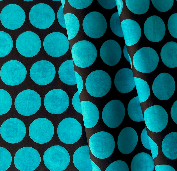 Vivid Turquoise Coin Dots on Espresso Cotton Poplin (Made in Italy)