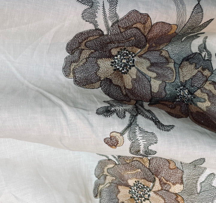 Border Print - Embroidered Mocha Poppies on Ivory Linen (Made in Italy)