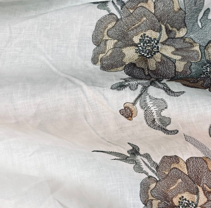 Border Print - Embroidered Mocha Poppies on Ivory Linen (Made in Italy)