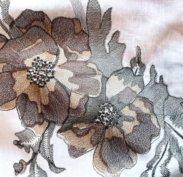 Border Print - Embroidered Mocha Poppies on Ivory Linen (Made in Italy)