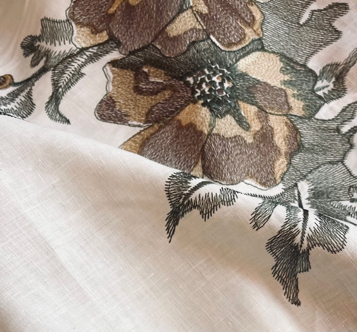 Border Print - Embroidered Mocha Poppies on Ivory Linen (Made in Italy)