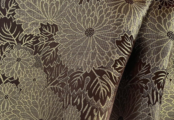 Lush Espresso & Gold Metallic Chrysanthemums Polyester Satin Brocade