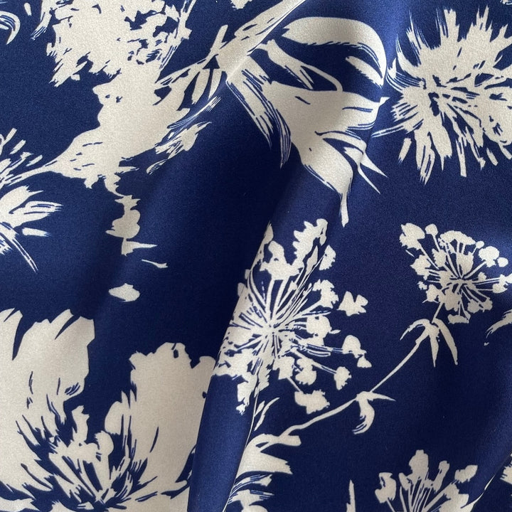 Silhouetted Queen Anne's Lace & Lilies Sapphire Silk Satin Charmeuse (Made in Italy)