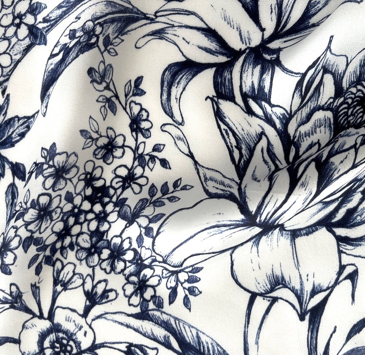 Sketched Marine Blue Garden Flowers on White Silk Satin Charmeuse (Made in Italy)