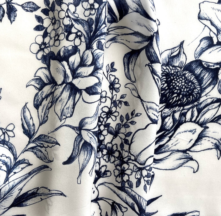 Sketched Marine Blue Garden Flowers on White Silk Satin Charmeuse (Made in Italy)