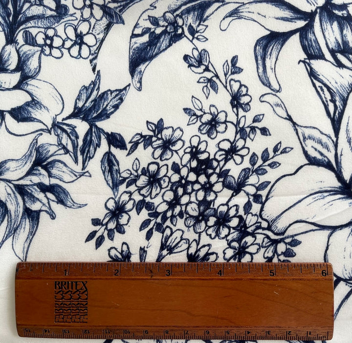 Sketched Marine Blue Garden Flowers on White Silk Satin Charmeuse (Made in Italy)