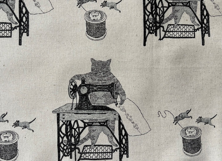 Mid-Weight Feline Seamstresses & Kittens on Natural Cotton Osnaburg (Made in Japan)