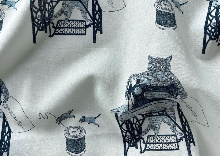 Mid-Weight Indigo Feline Seamstresses & Kittens on Off-White Cotton Osnaburg (Made in Japan)