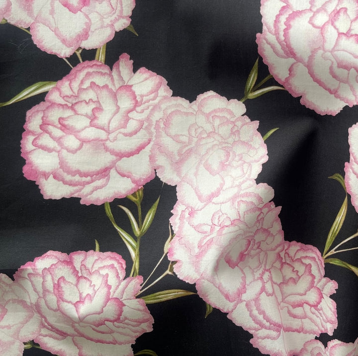 Delicate Blushing Camellias on Black Airy Cotton (Made in Italy)