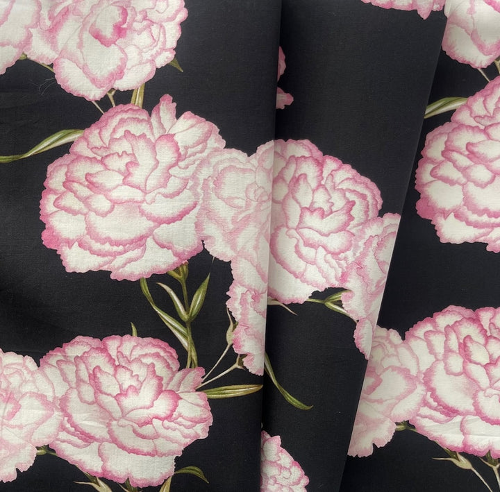 Delicate Blushing Camellias on Black Airy Cotton (Made in Italy)