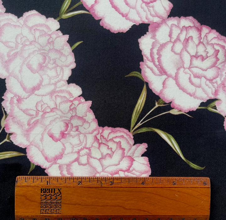 Delicate Blushing Camellias on Black Airy Cotton (Made in Italy)