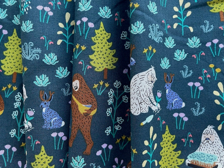 Mid-Weight Forest Gardening Jackalopes & Yeti Teal Quilting Cotton (Made in Japan)