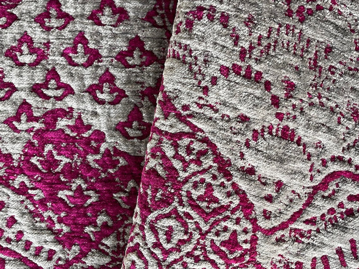 Plush Arabesque Tilework Fog & Fuchsia Chenille Velvet (Made in Turkey)