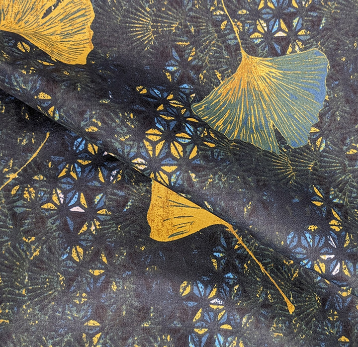 Golden Gingko Leaves on Midnight Navy Laminated Cotton (Made in France)