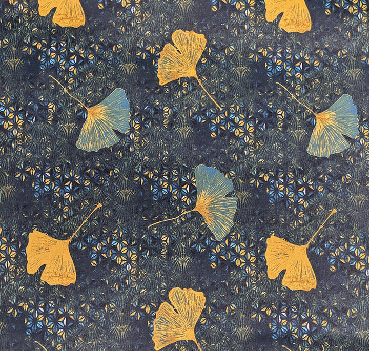 Golden Gingko Leaves on Midnight Navy Laminated Cotton (Made in France)