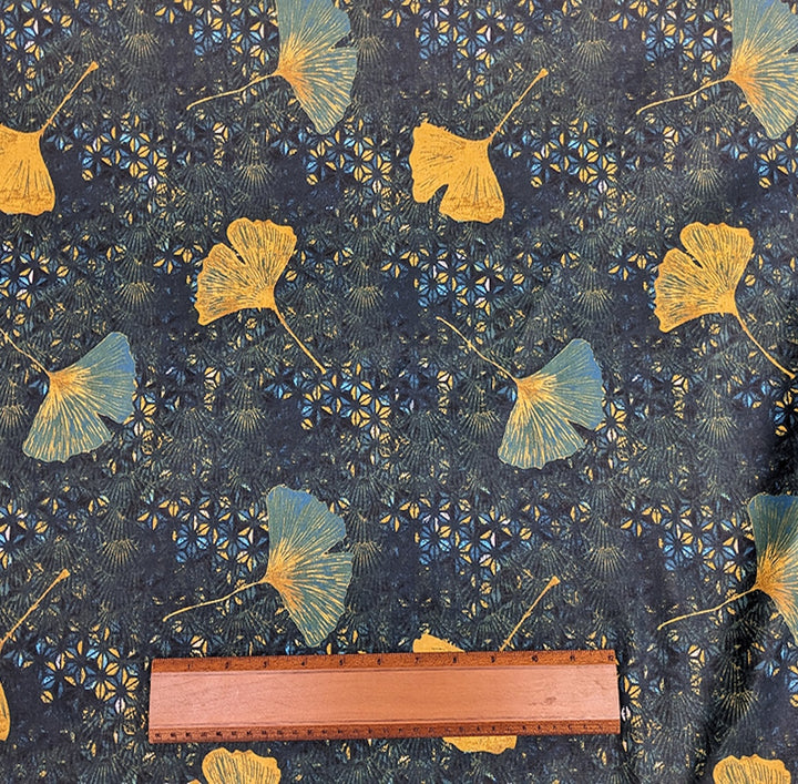 Golden Gingko Leaves on Midnight Navy Laminated Cotton (Made in France)