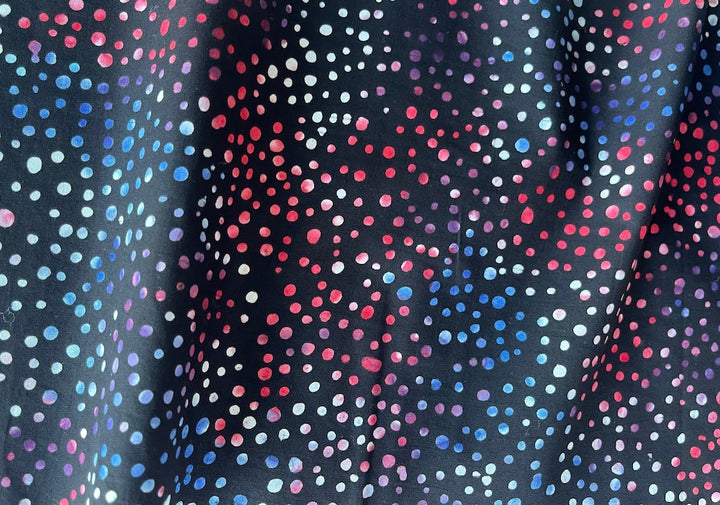 Red, White & Blue Dotted Firecrackers Black Cotton Batik (Made in Indonesia)