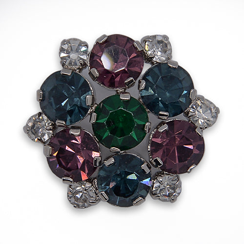 1 1/8"  Multi-Colored Rhinestone Open-Work Silver Button (Made in Switzerland)