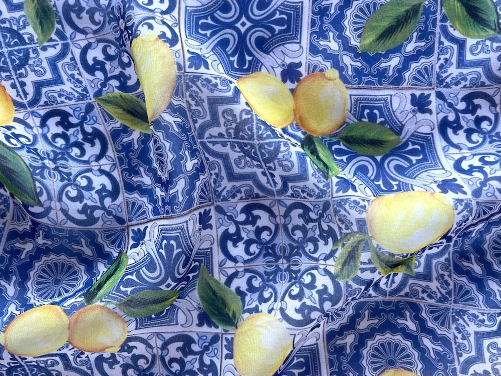 Couture Semi-Sheer Iconic Delft Tiles & Lemons Silk Chiffon (Made in Italy)
