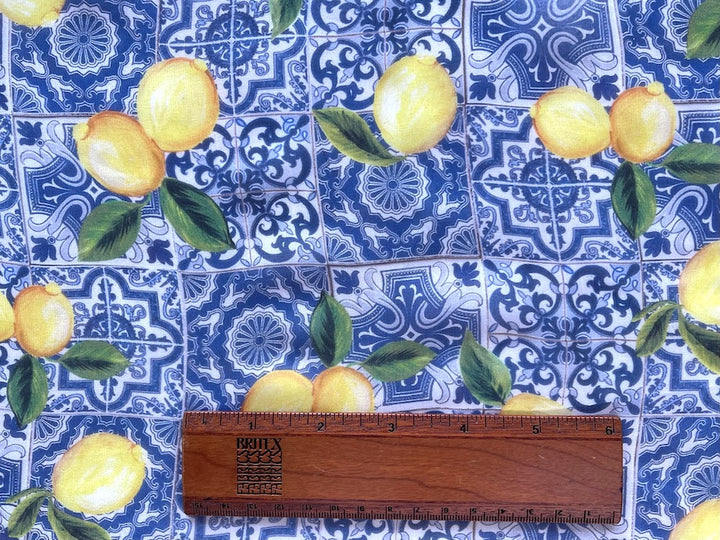 Couture Semi-Sheer Iconic Delft Tiles & Lemons Silk Chiffon (Made in Italy)