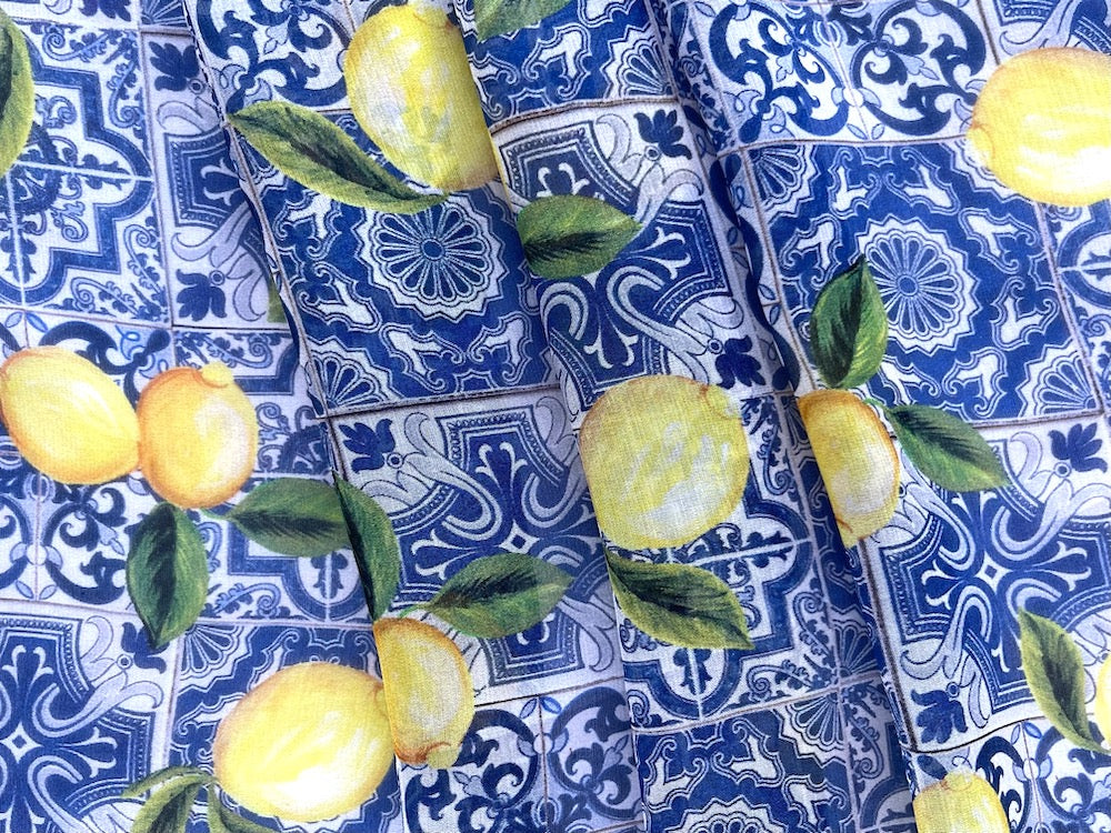 Couture Semi-Sheer Iconic Delft Tiles & Lemons Silk Chiffon (Made in Italy)