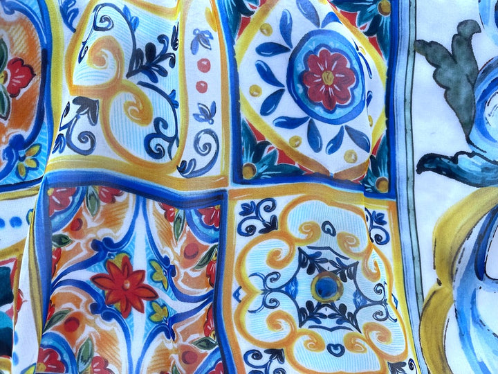 8" Border Print - Couture Semi-Sheer Scrolls, Hearts & Floral Tiles Silk Chiffon (Made in Italy)