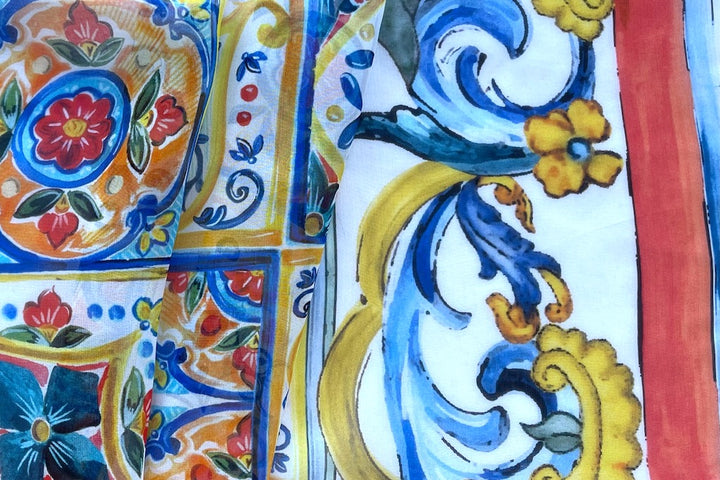 8" Border Print - Couture Semi-Sheer Scrolls, Hearts & Floral Tiles Silk Chiffon (Made in Italy)