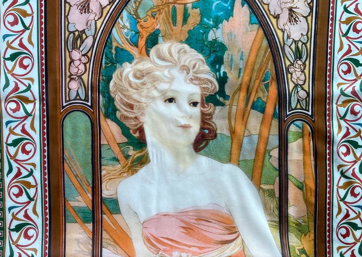 52" Panel - Alluring Alphonse Mucha Inspired Semi-Sheer Stretch Silk Chiffon (Made in Italy)