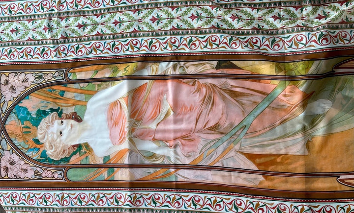 52" Panel - Alluring Alphonse Mucha Inspired Semi-Sheer Stretch Silk Chiffon (Made in Italy)