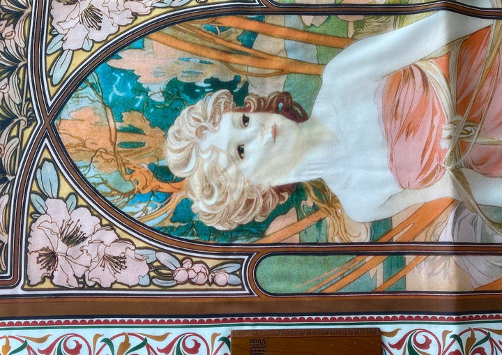 52" Panel - Alluring Alphonse Mucha Inspired Semi-Sheer Stretch Silk Chiffon (Made in Italy)