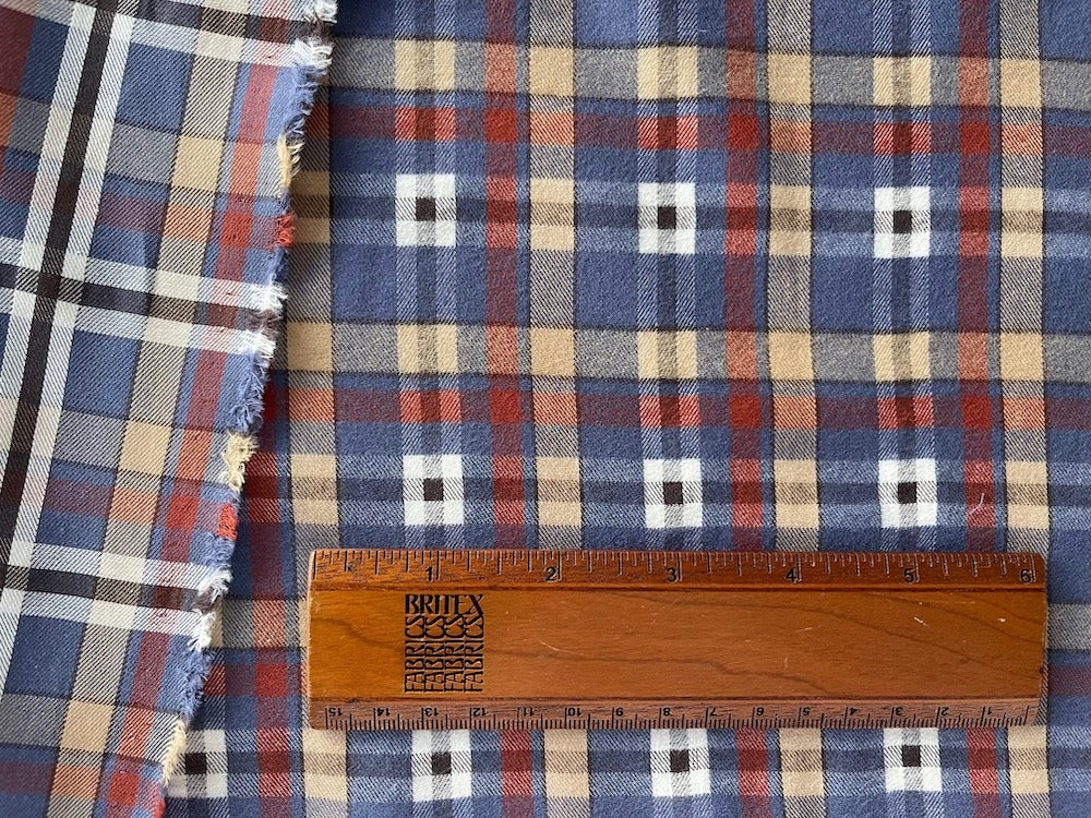 High-End Periwinkle, Brick & Camel Moderne Plaid Cotton Flannel Shirting (Made in Italy)