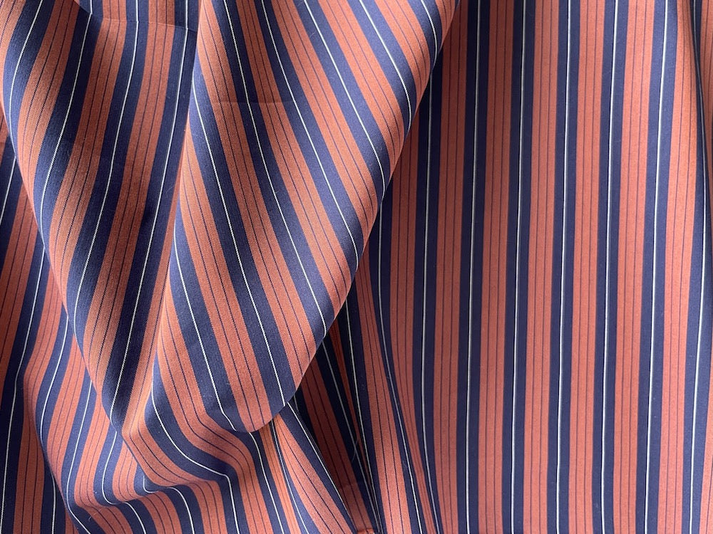 High-End Striped Navy & Terracotta 2-Ply Stretch Cotton Shirting (Made in Italy)