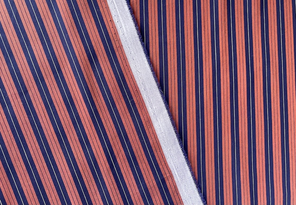High-End Striped Navy & Terracotta 2-Ply Stretch Cotton Shirting (Made in Italy)
