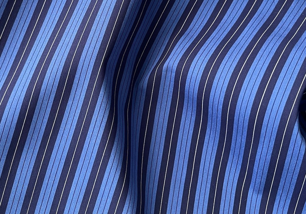 Striking Periwinkle, Midnight Navy & White Striped Cotton Shirting (Made in Italy)