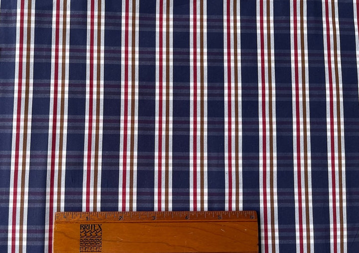 Vintage-Inspired Indigo, Barn Red, Umber & White Plaid Cotton Poplin Shirting (Made in Italy)