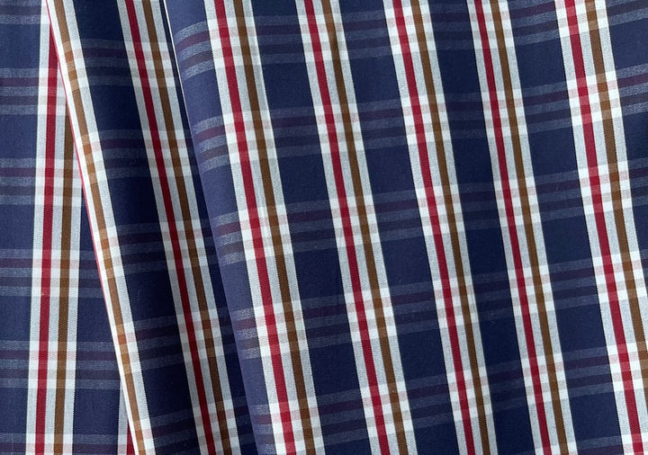 Vintage-Inspired Indigo, Barn Red, Umber & White Plaid Cotton Poplin Shirting (Made in Italy)