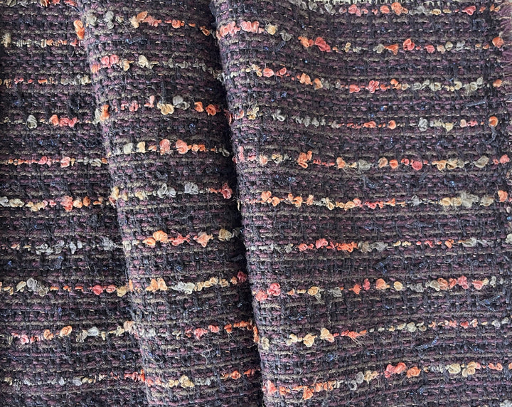 Striped Autumnal Raisin & Soft Black Wool Blend Bouclé (Made in Italy)