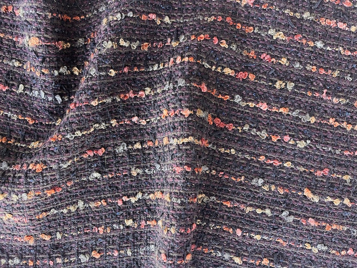 Striped Autumnal Raisin & Soft Black Wool Blend Bouclé (Made in Italy)