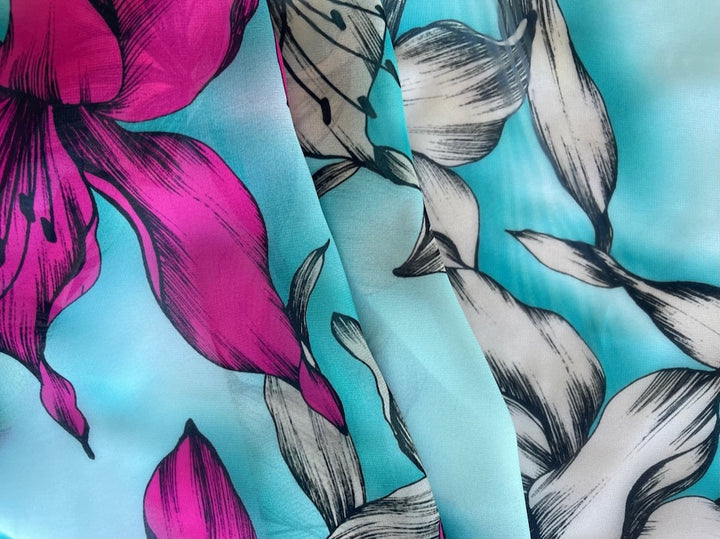 Vivid Fuchsia Day Lilies Polyester Georgette (Made in Italy)