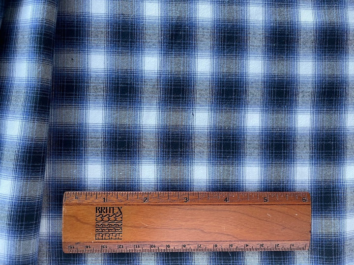 Retro-Inspired Washed Denim Blue, Black & White Plaid Cotton Shirting (Made in Italy)