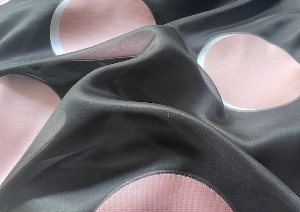 Couture Sheer Shadowbox Pink Lemonade 8" Circles on Jet Black Silk Organza  (Made in Italy)