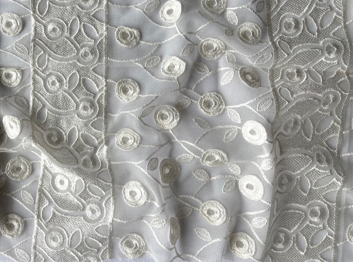 Pale Ivory Embroidered Vining Flowers Lace Tulle Fabric