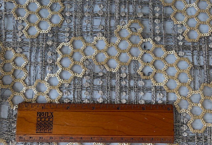 Embroidered Platinum Geometric & Matte Gold Sequined Lace Fabric (Made in India)