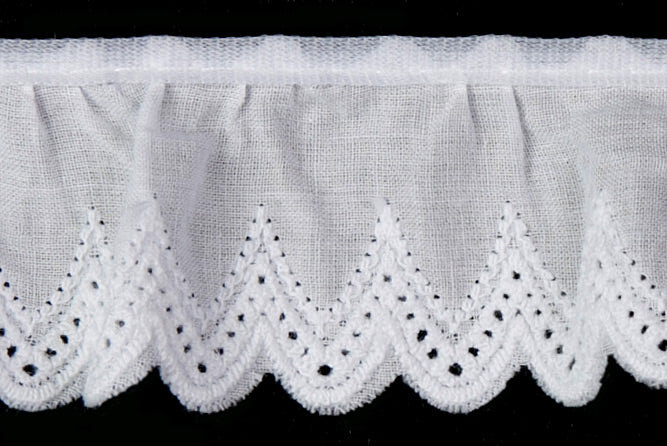 1 1/4" White Gathered Cotton Eyelet Trim (Made in England)