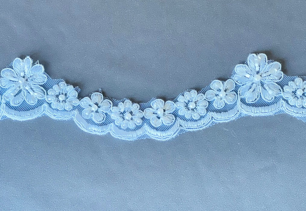 1 1/2" White Sequined & Pearled Alençon Style Lace Trim