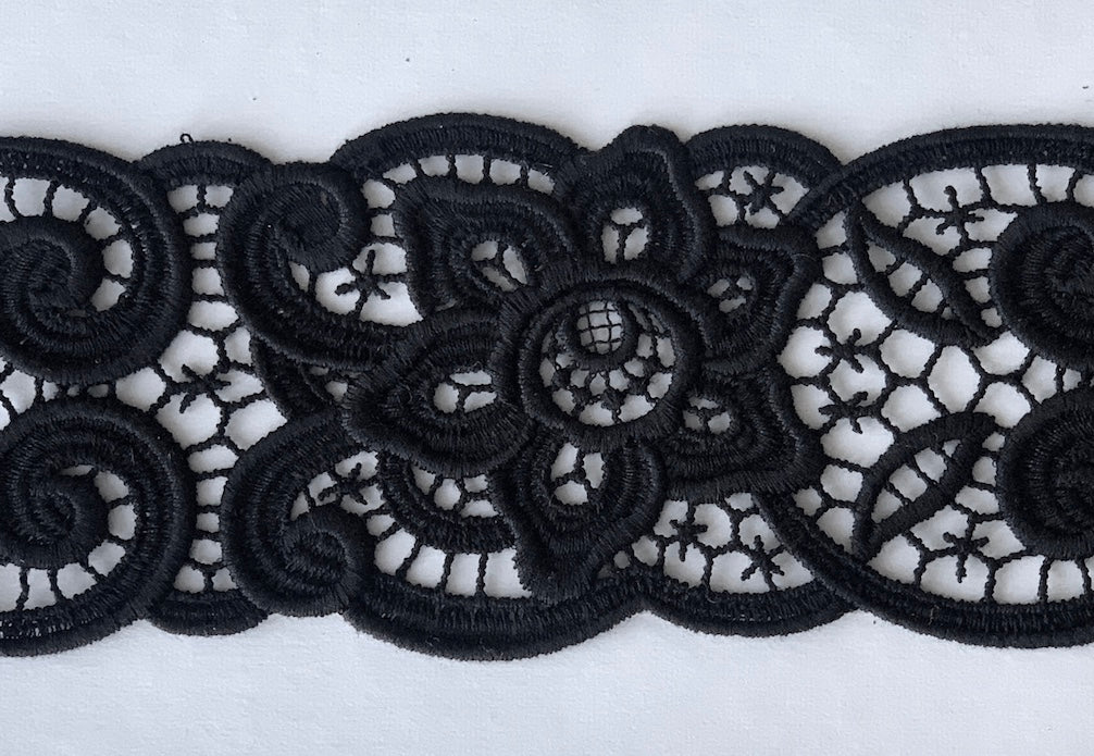 3" Exquisite Floral Black Cotton Venise Lace Trim (Made in Italy)