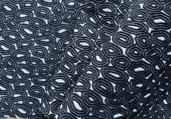 Elegant Embroidered Black Planetary Pod Viscose Blend Crepe (Made in Italy)