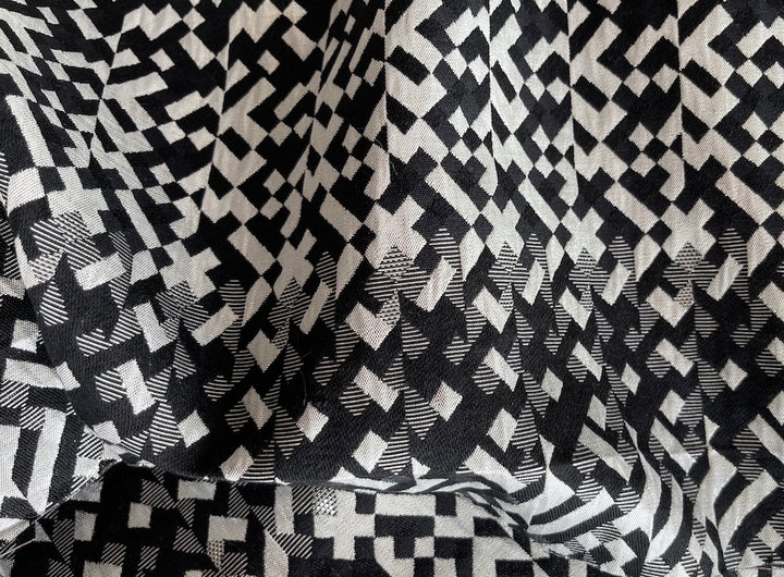 Dramatic Escher-esque Black & Metallic Pale Platinum Cotton Blend Brocade