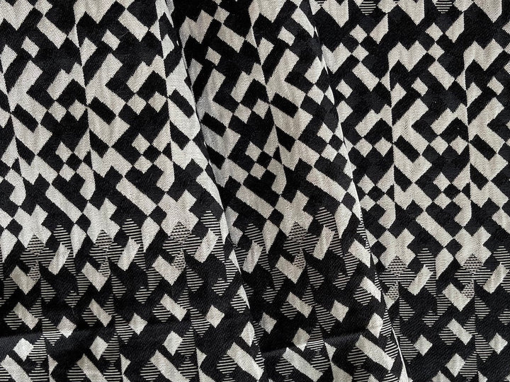 Dramatic Escher-esque Black & Metallic Pale Platinum Cotton Blend Brocade