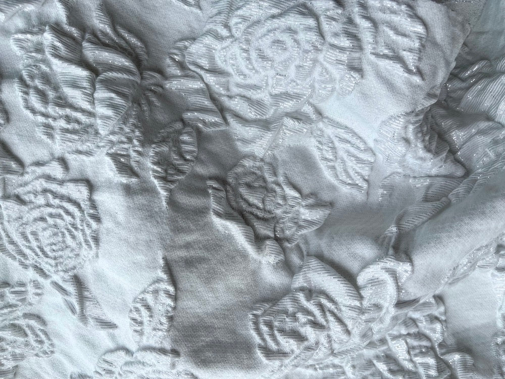 Silver Dusted White Rose Blooms Stretch Polyester Blend Brocade